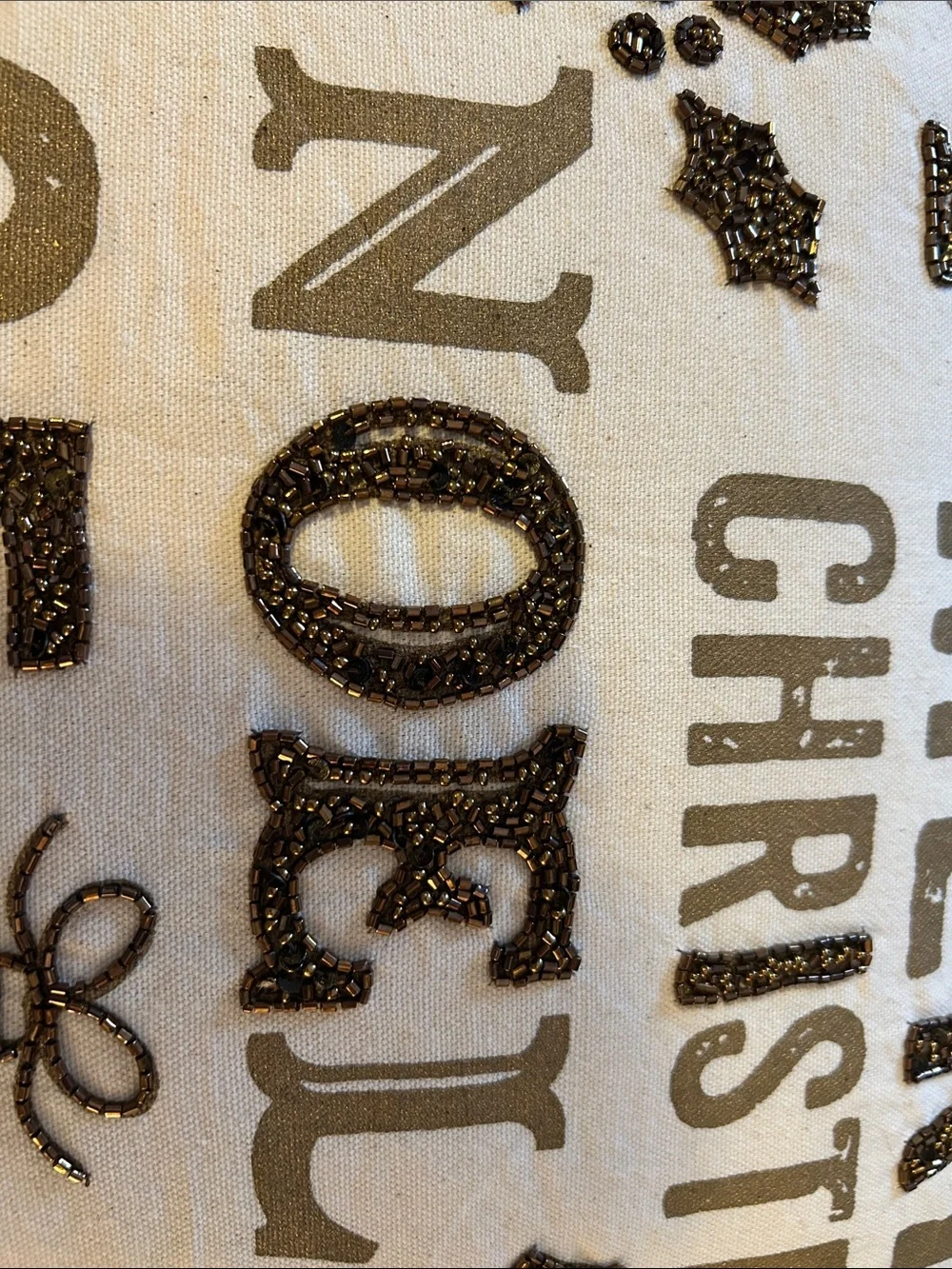 Holiday Joy Decorative Pillow - Neutral Beige with Glitter Text